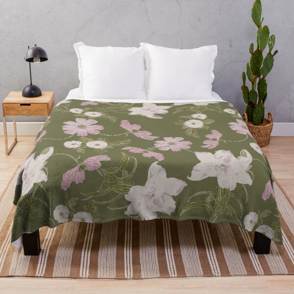 Item preview, Pink Cosmos, Roses and Double Lily Pattern on Olive Green designed and sold by cozycaroline.