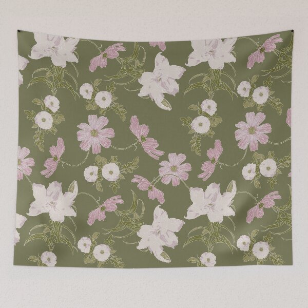 Item preview, Pink Cosmos, Roses and Double Lily Pattern on Olive Green designed and sold by cozycaroline.