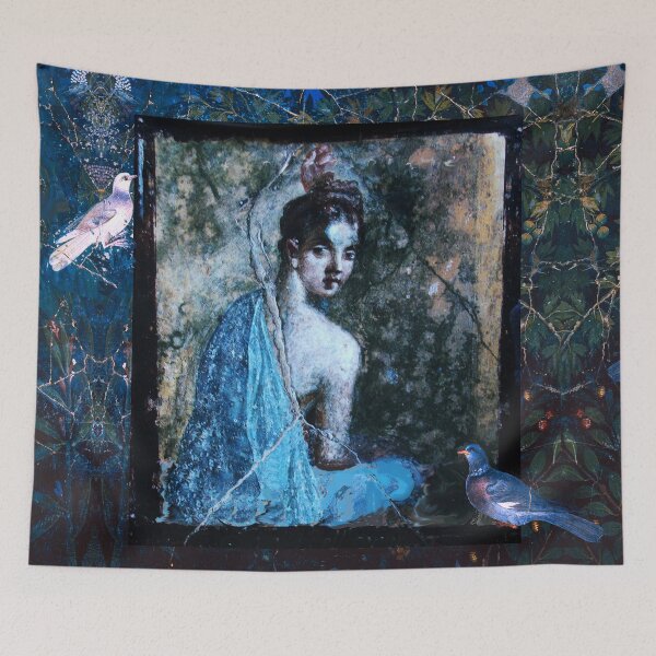 Item preview, POMPEII FRESCOES / LADY IN BLUE AND DOVES IN GARDEN ,DARK GREEN FLORAL designed and sold by BulganLumini.