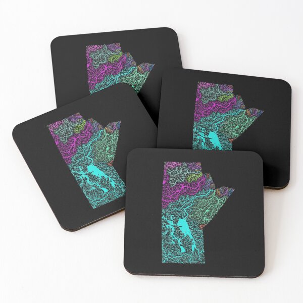 Item preview, Manitoba River Basin Map in Rainbow Colours with Black Background designed and sold by GrasshopperGeo.