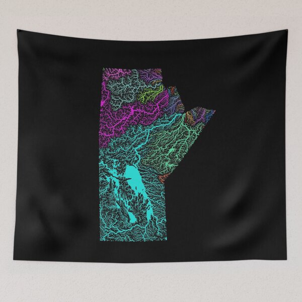 Item preview, Manitoba River Basin Map in Rainbow Colours with Black Background designed and sold by GrasshopperGeo.