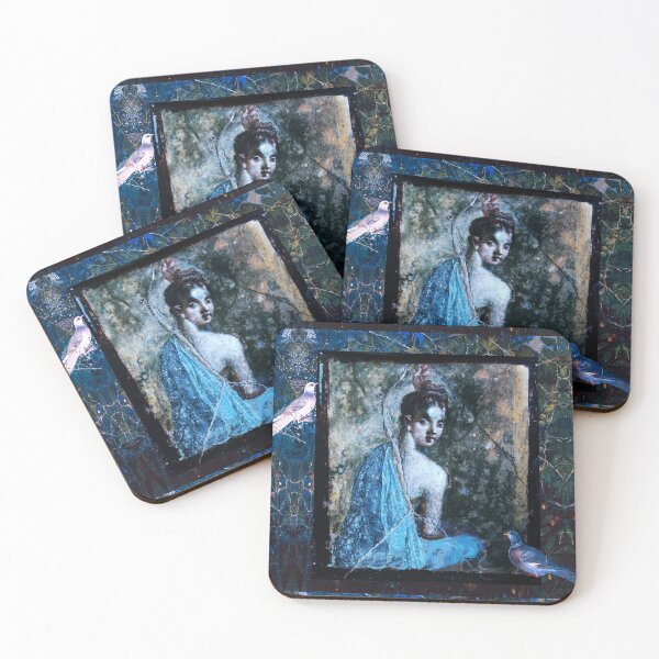 Item preview, POMPEII FRESCOES / LADY IN BLUE AND DOVES IN GARDEN ,DARK GREEN FLORAL designed and sold by BulganLumini.