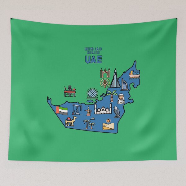 Item preview, map of United Arab Emirates with icons of country symbols, culture and landmarks designed and sold by mashmosh.