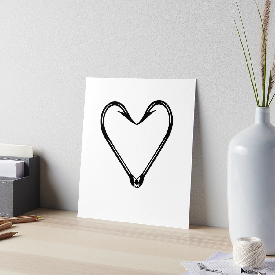 2 fishing hooks making a heart gone fishing Fishing hook heart. Funny fishing. love fishing. fishing love heart Art  Board Print