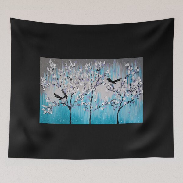 Item preview, Willie Wagtails with Aqua and Grey Blossom Trees designed and sold by CateJacobs.