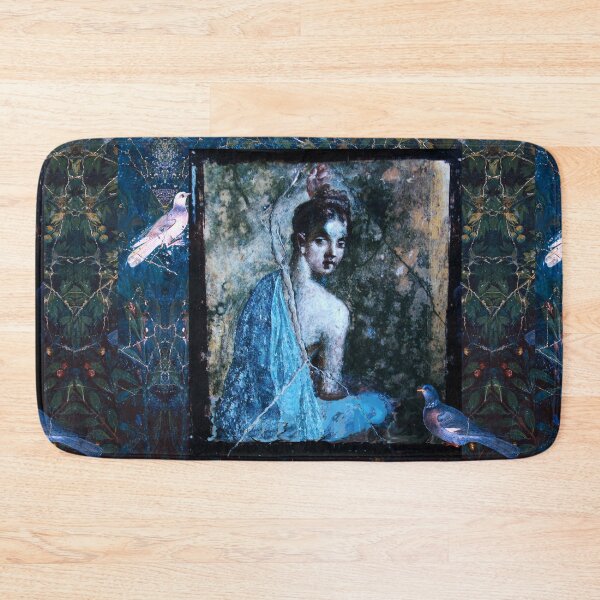 Item preview, POMPEII FRESCOES / LADY IN BLUE AND DOVES IN GARDEN ,DARK GREEN FLORAL designed and sold by BulganLumini.