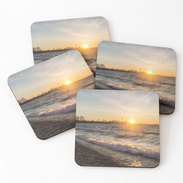 Item preview, Breaking Wave Sunrise - Toronto Skyline Behind Rough Lake Ontario designed and sold by Georgia Mizuleva.