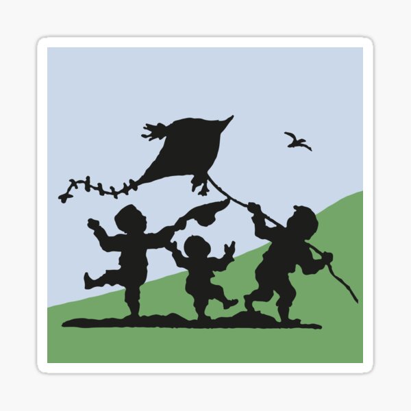 Children fly their kites in autumn, old paper cutting Sticker