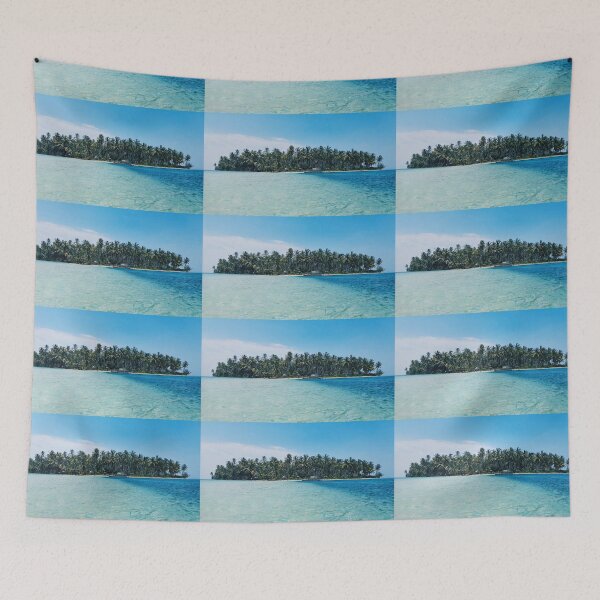 Item preview, Distant view of a boat moored at an island covered with tropical trees. designed and sold by Priya Mishra.