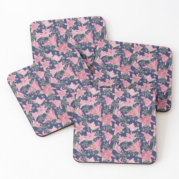 Item preview, Pink, White and Green Lilies, Baptisa, and Love in a Mist on a Blush Blue Navy Background designed and sold by cozycaroline.