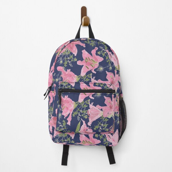 Item preview, Pink, White and Green Lilies, Baptisa, and Love in a Mist on a Blush Blue Navy Background designed and sold by cozycaroline.