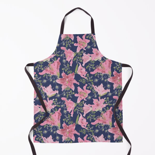 Item preview, Pink, White and Green Lilies, Baptisa, and Love in a Mist on a Blush Blue Navy Background designed and sold by cozycaroline.