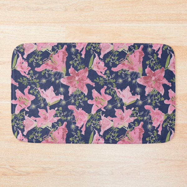 Item preview, Pink, White and Green Lilies, Baptisa, and Love in a Mist on a Blush Blue Navy Background designed and sold by cozycaroline.