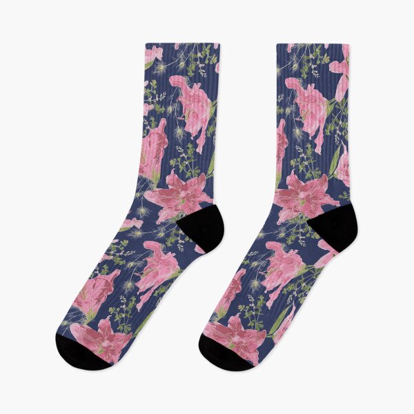 Item preview, Pink, White and Green Lilies, Baptisa, and Love in a Mist on a Blush Blue Navy Background designed and sold by cozycaroline.