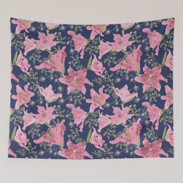 Item preview, Pink, White and Green Lilies, Baptisa, and Love in a Mist on a Blush Blue Navy Background designed and sold by cozycaroline.