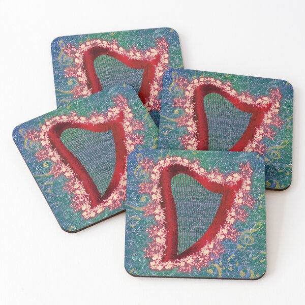 Item preview, Engraved wooden harp with flowers and a green music background designed and sold by Only1helen.
