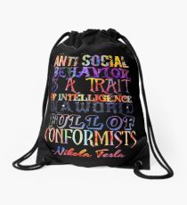 Watercolor-Anti Social Behavior, Nikola Tesla Quote Drawstring Bag