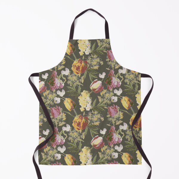 Item preview, Spring Pink and Orange Tulips, Daffodils, Dill and Sweet Peas on Olive Green Background designed and sold by cozycaroline.