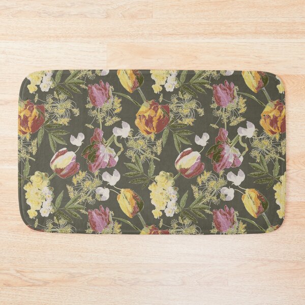 Item preview, Spring Pink and Orange Tulips, Daffodils, Dill and Sweet Peas on Olive Green Background designed and sold by cozycaroline.