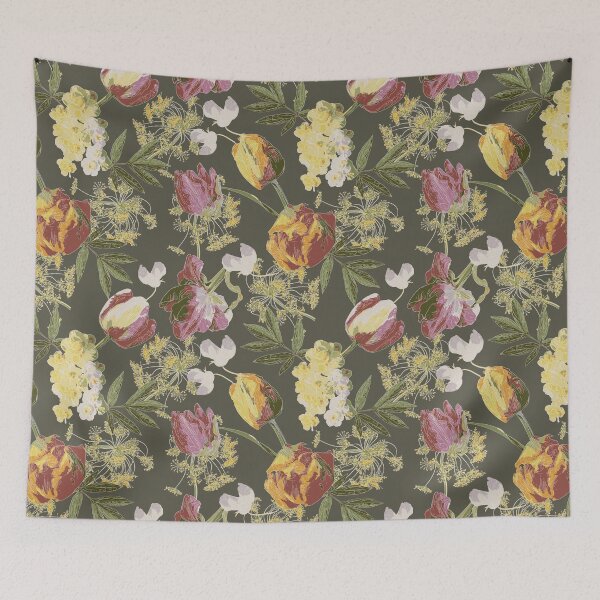 Item preview, Spring Pink and Orange Tulips, Daffodils, Dill and Sweet Peas on Olive Green Background designed and sold by cozycaroline.