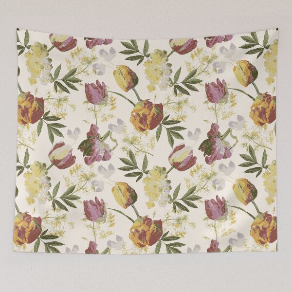 Item preview, Spring Pink and Orange Tulips, Daffodils, Dill and Sweet Peas on Cream Ivory Background designed and sold by cozycaroline.