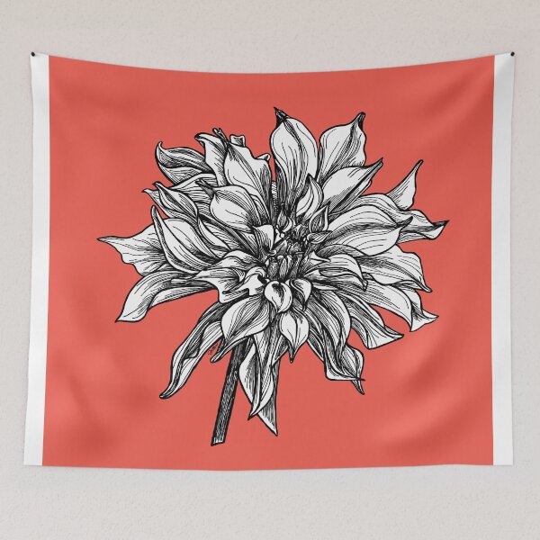 Artikelvorschau, Swirly Dahlia Zeichnung auf Korallenhintergrund entworfen und verkauft von Joellen Armstrong.
