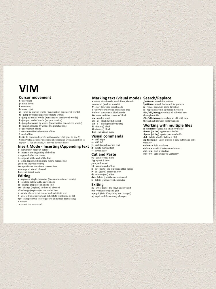 Vim Basics Cheat Sheet (Digital Download)