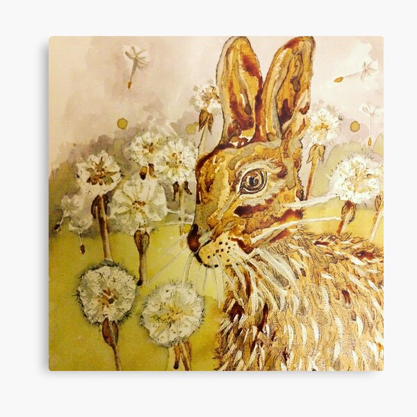 Hare among dandelions Metal Print