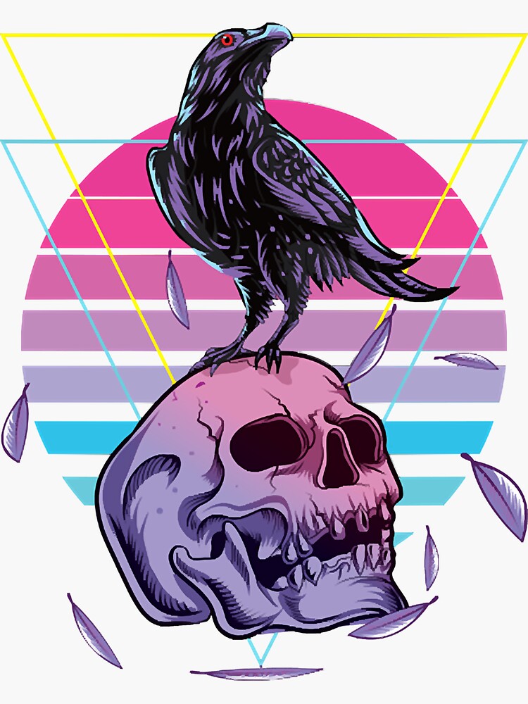 Vaporwave Skull And Crow Retro Aesthetic Pastel Goth Art Sticker By