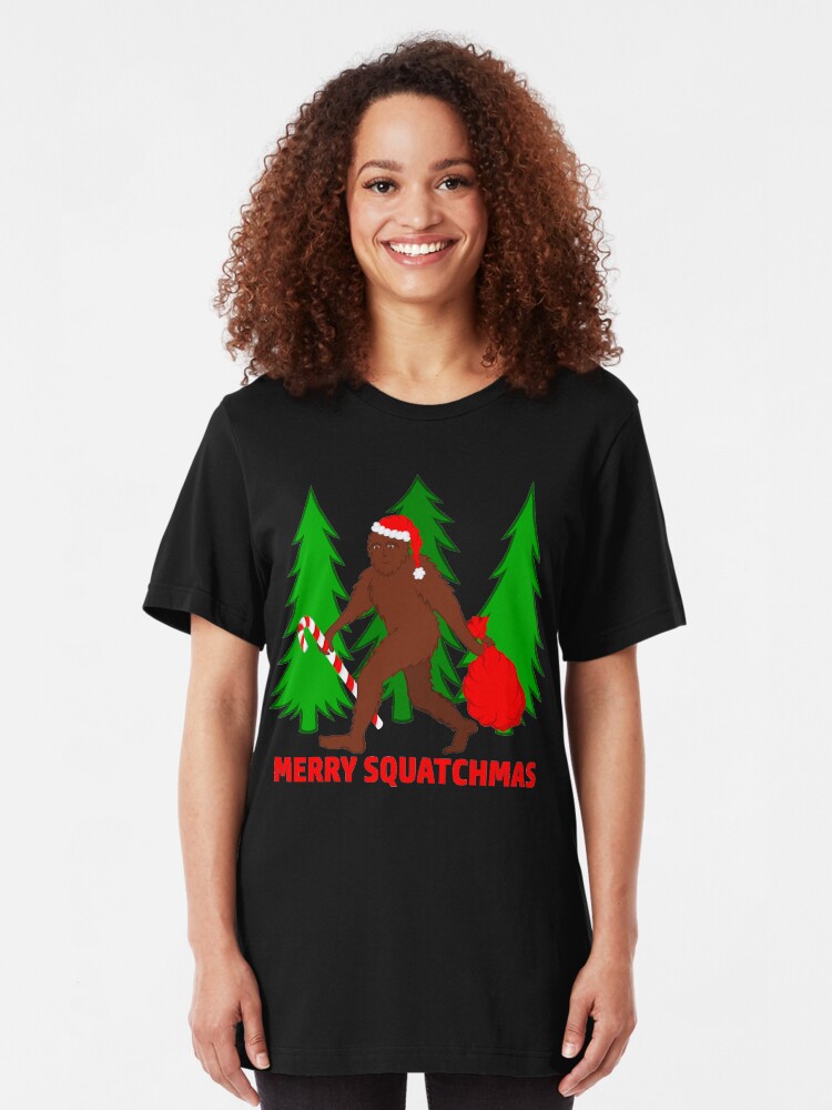 Alternate view of Merry Squatchmas Funny Christmas Bigfoot Santa Slim Fit T-Shirt