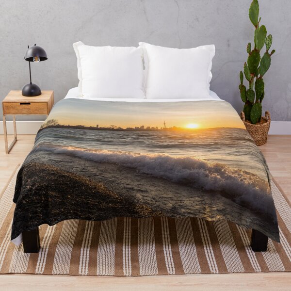 Item preview, Breaking Wave Sunrise - Toronto Skyline Behind Rough Lake Ontario designed and sold by Georgia Mizuleva.