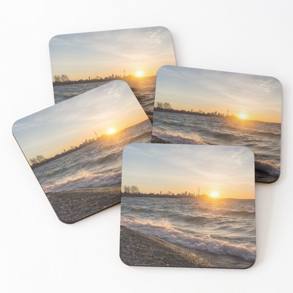 Item preview, Wave Splash Sunrise - Toronto Skyline Behind Rough Lake Ontario designed and sold by Georgia Mizuleva.