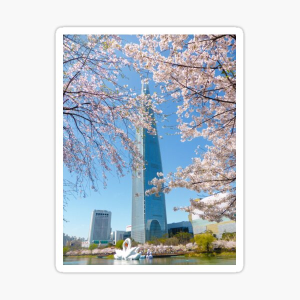 Cherry Blossoms at Lotte World Tower in Seoul Sticker