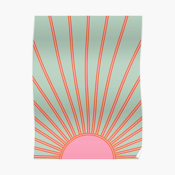 Sun Print Sunrise Sunshine Poster Aqua Teal Pink Retro Sun Wall Art Modern Decor Vintage Mid Century Boho Abstract Poster