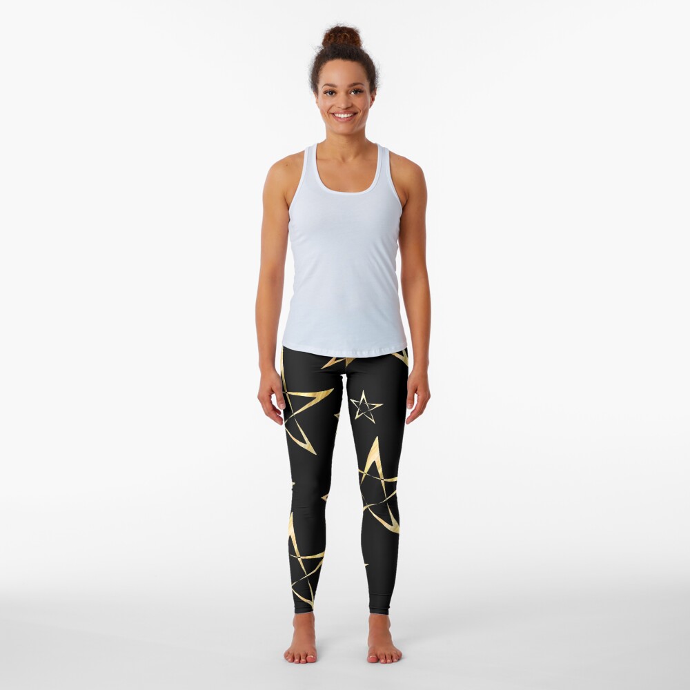 Golden Stars Print on Black Leggings