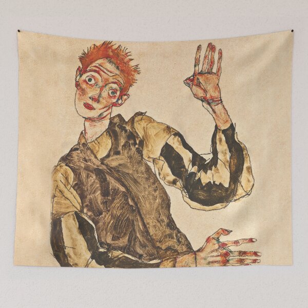 Item preview, Egon Schiele self portrait with striped armlets throw blankets designed and sold by Vintage Designs +.