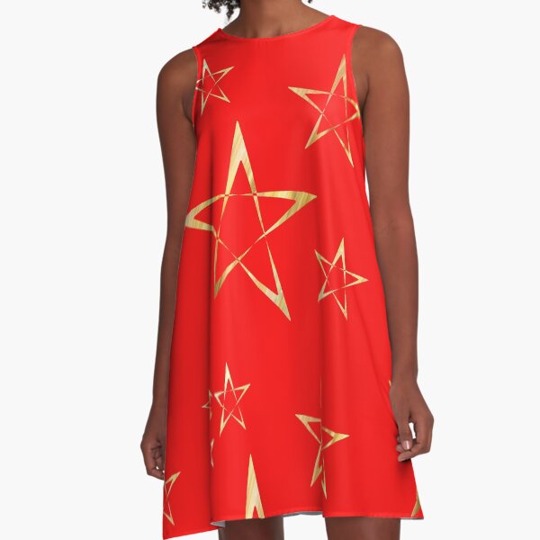 Golden Stars Print on Red A-Line Dress