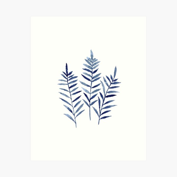 Fern Blue Botanical Watercolor Painting Image Picture Drawing Art Print