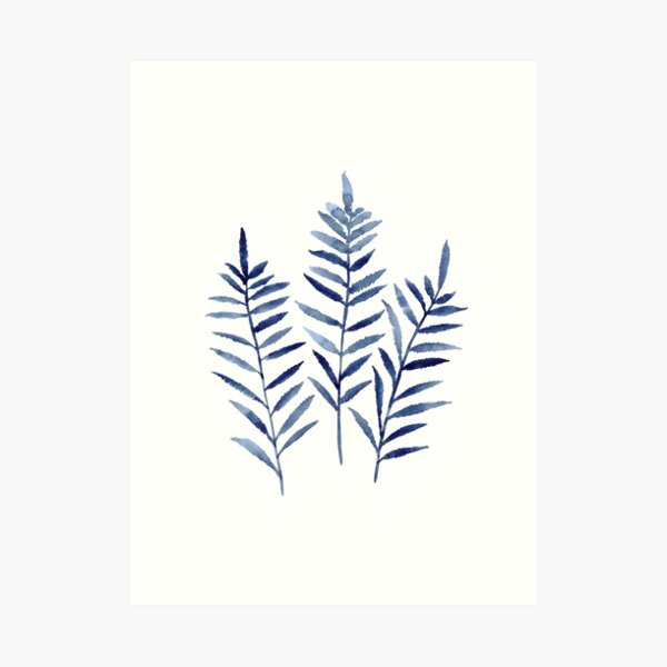 Fern Blue Botanical Watercolor Painting Image Picture Drawing Art Print