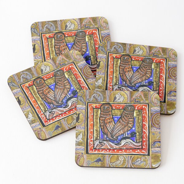 Item preview,  MEDIEVAL BESTIARY ,TWO OWLS, FANTASTIC ANIMALS IN GOLD RED BLUE COLORS designed and sold by BulganLumini.
