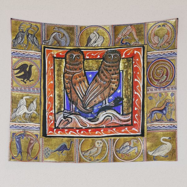 Item preview,  MEDIEVAL BESTIARY ,TWO OWLS, FANTASTIC ANIMALS IN GOLD RED BLUE COLORS designed and sold by BulganLumini.