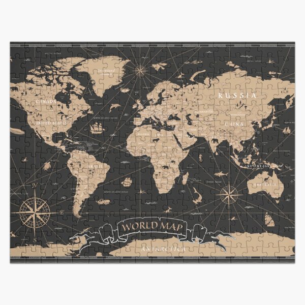 World Map Vintage Black Golden Detailed Jigsaw Puzzle