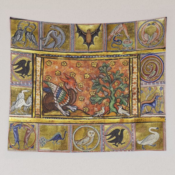 Item preview, MEDIEVAL BESTIARY,RED DRAGON TREE LIFE AND BIRDS . FANTASTIC ANIMALS IN GOLD RED BLUE COLORS designed and sold by BulganLumini.