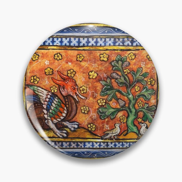 Item preview, MEDIEVAL BESTIARY,DRAGON,TREE OF LIFE AND BIRDS ,Gold Blue Orange  Floral designed and sold by BulganLumini.