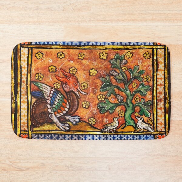 Item preview, MEDIEVAL BESTIARY,DRAGON,TREE OF LIFE AND BIRDS ,Gold Blue Orange  Floral designed and sold by BulganLumini.