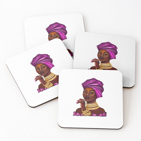 Item preview, side eye Queen  Black is beautiful black girl with Gold bangles, neck ring necklace, purple dress and head wrap, brown eyes and dark brown skin ! designed and sold by Artonmytee.