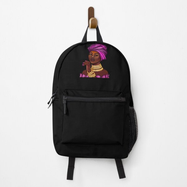 Item preview, side eye Queen  Black is beautiful black girl with Gold bangles, neck ring necklace, purple dress and head wrap, brown eyes and dark brown skin ! designed and sold by Artonmytee.