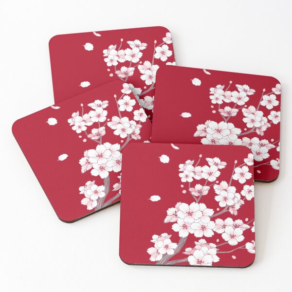 Item preview, White sakura cherry blossom branches falling petals on Red designed and sold by arterialmotive.