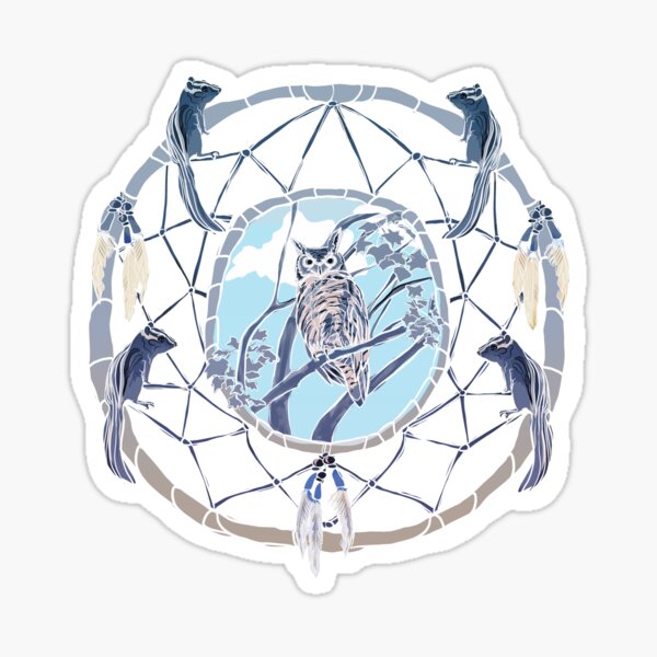 Horned Owl and Chipmunks Dreamcatcher Design Drawing Sticker