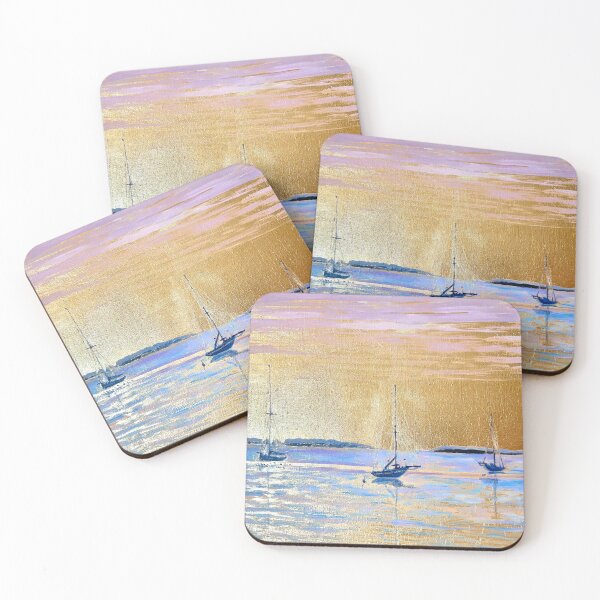 Item preview, Abstract seascape gold leaf painting, Sailboats painting, Sunset painting, Modern wall art designed and sold by SyncopeMars.